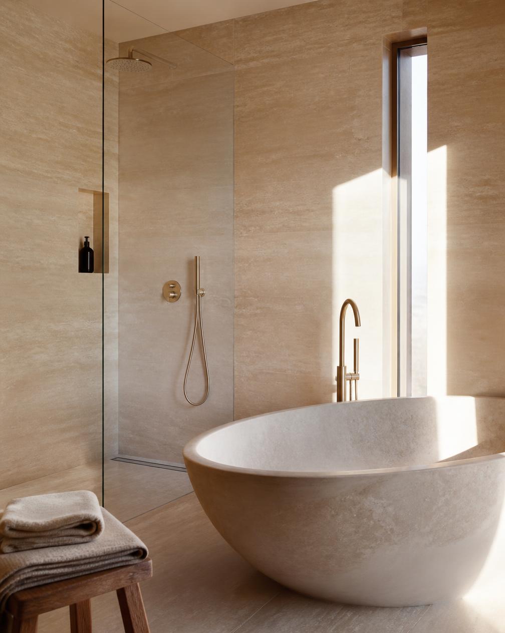Stone wet room with a freestanding sculptural tub