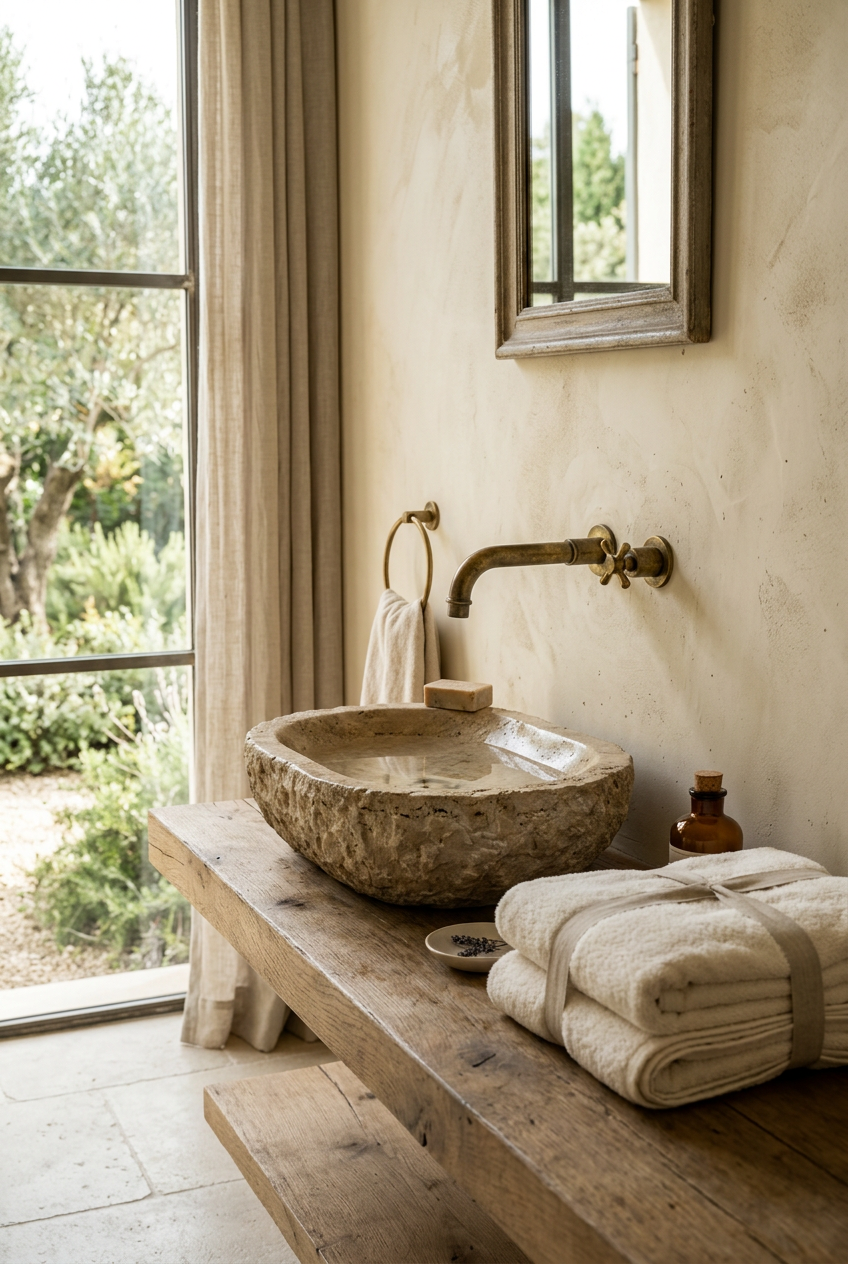 Carved stone basin with an aged brass tap