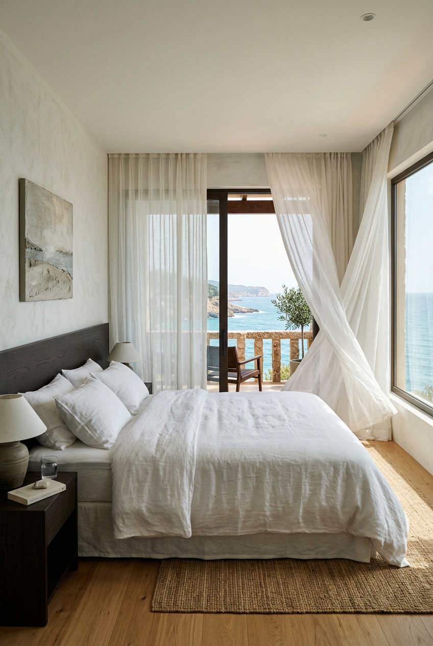 Second bedroom with sheer curtains and an ocean glimpse