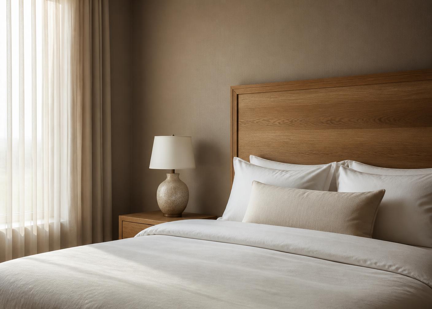 Bedroom with crisp white linen and a warm oak headboard