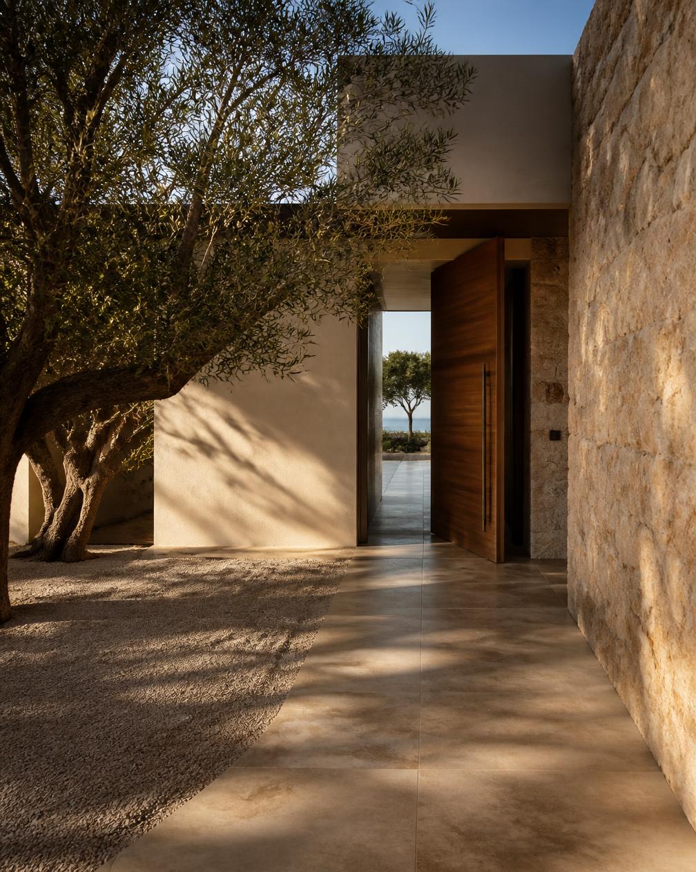 Shaded stone entrance courtyard with an olive tree