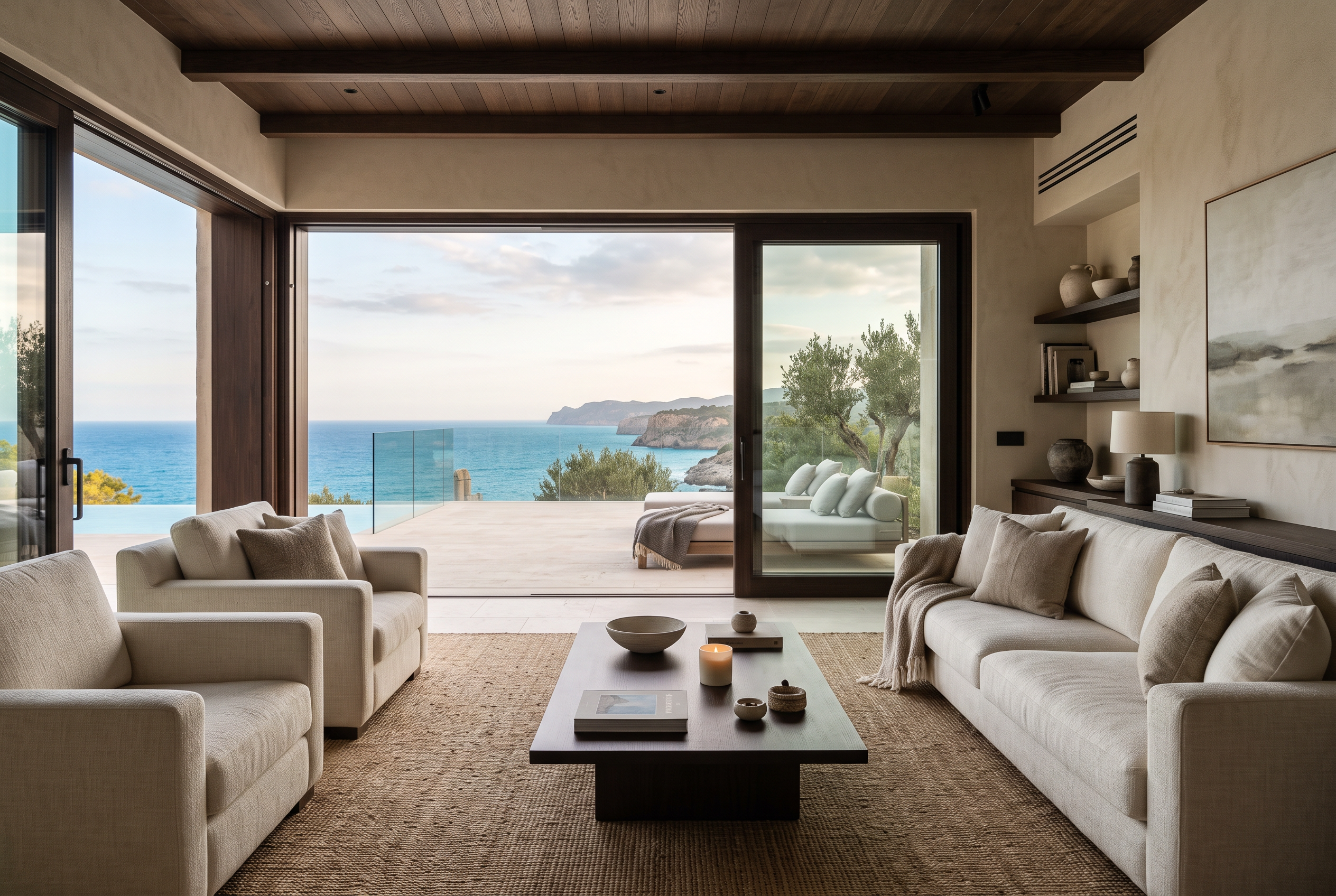 Open living room of the residence framing the sea