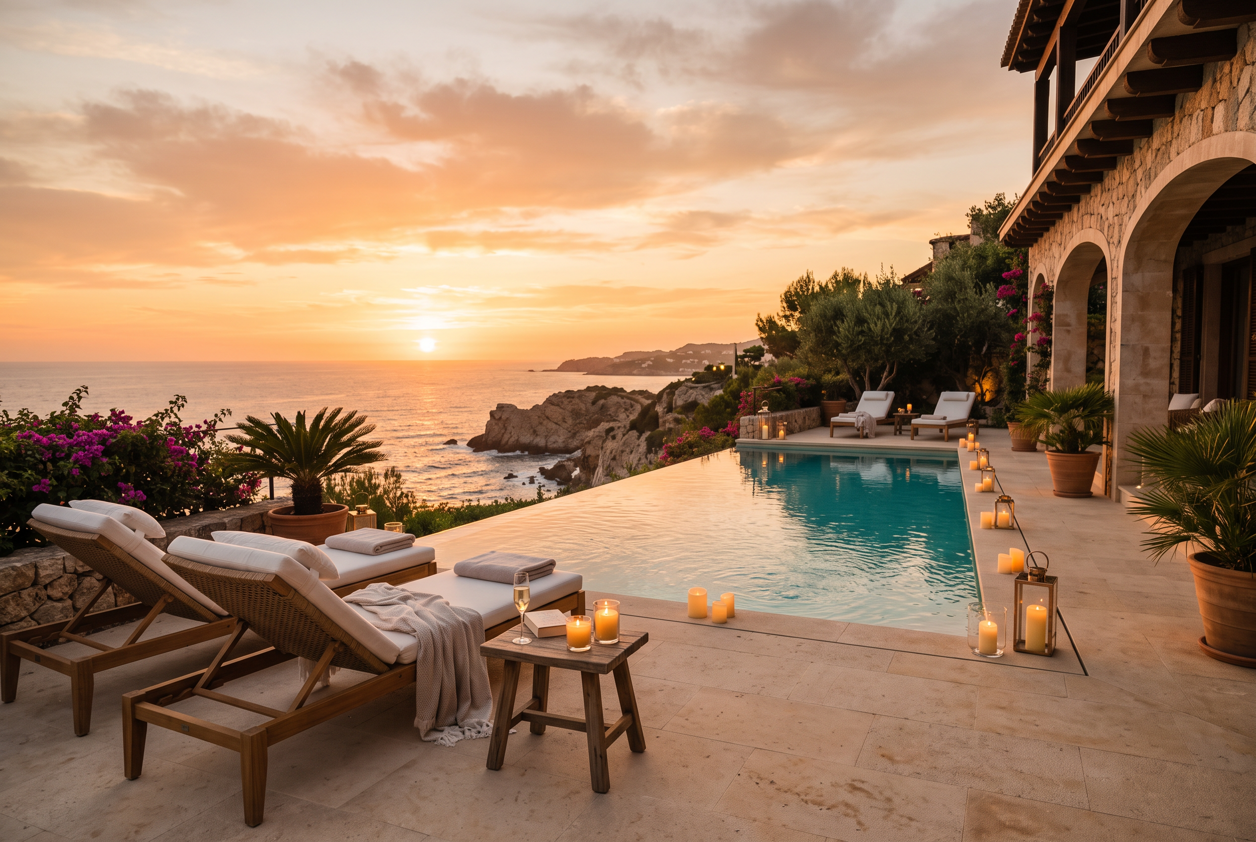 Poolside candlelight at sunset