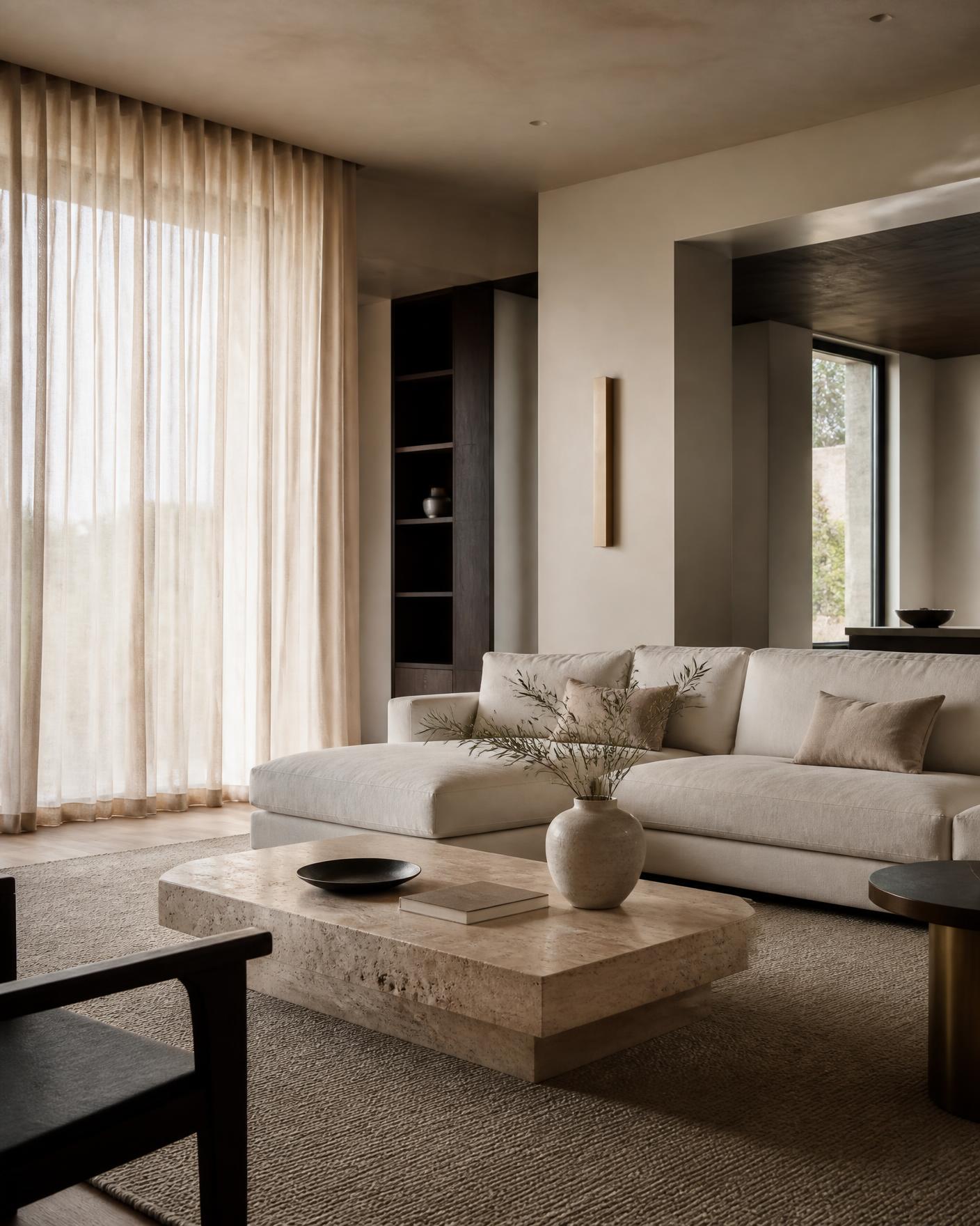 Living room with linen seating and a travertine table