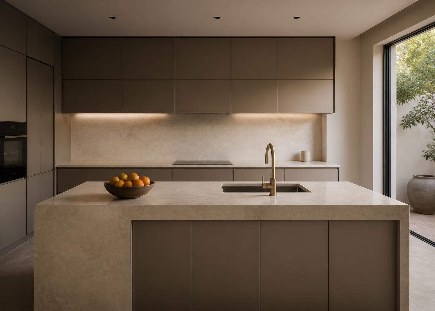 Minimal stone kitchen island with champagne fixtures