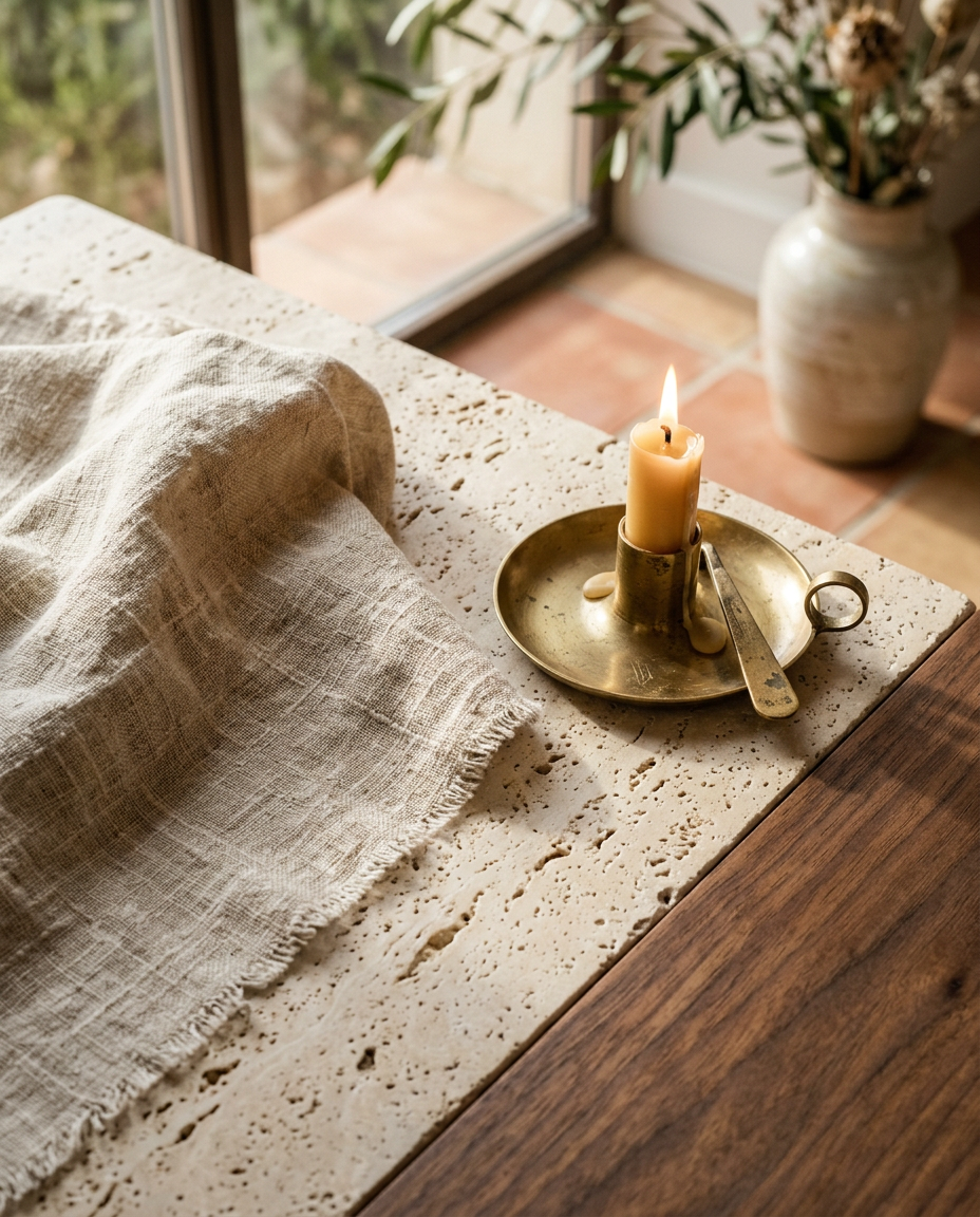 Travertine, raw linen and aged brass in morning light