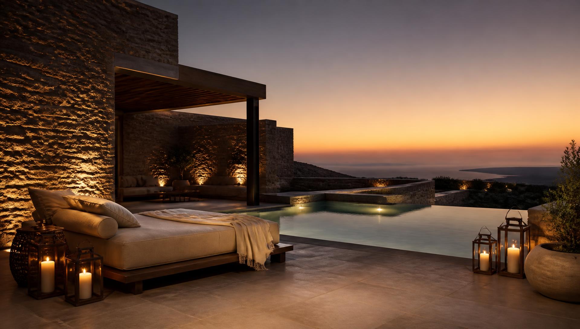 The terrace at dusk with lantern light and still water