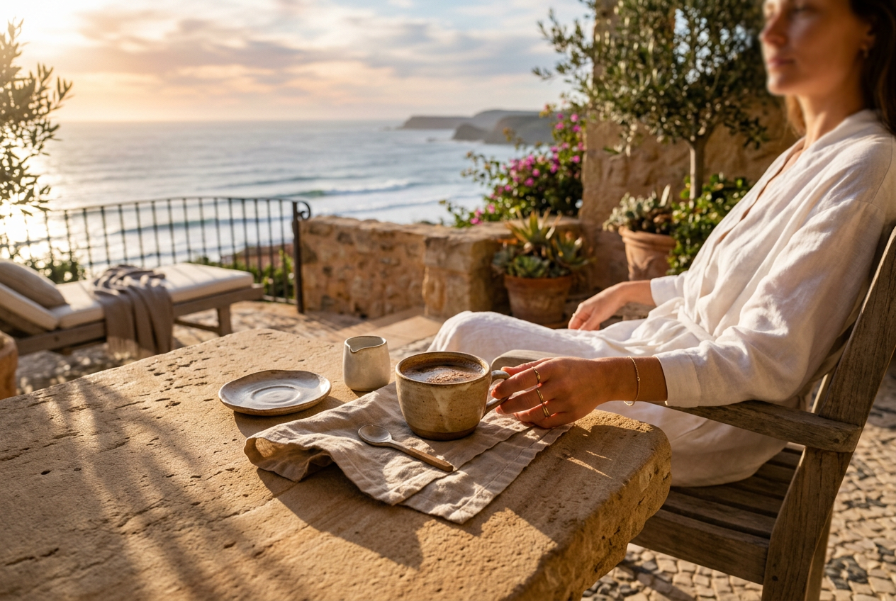 Coffee on a stone table as the sun comes up