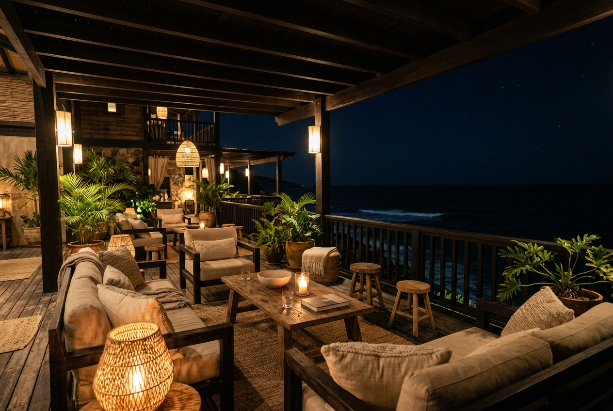 Lantern-lit lounge terrace after dark