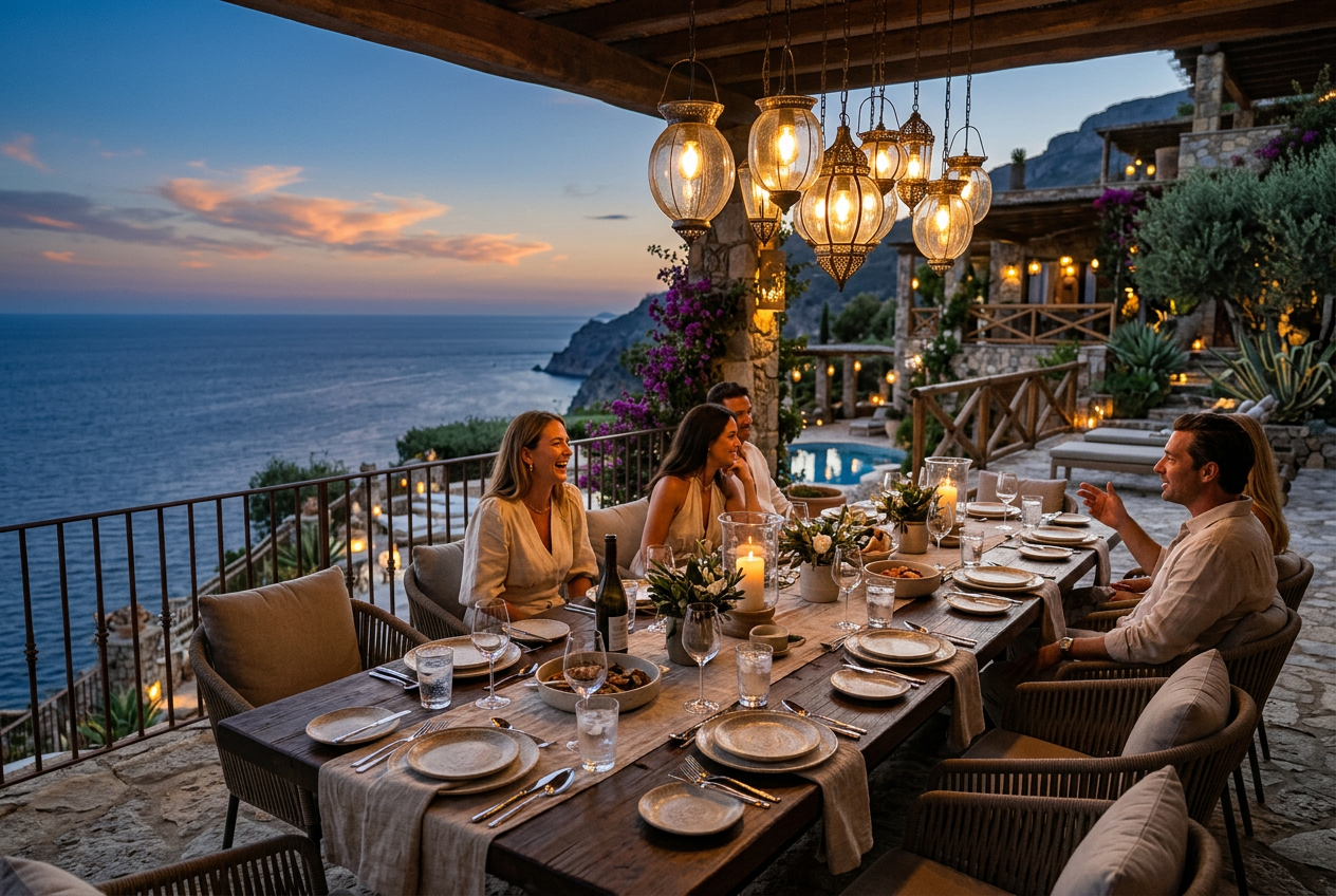 Outdoor dining terrace under lantern light at dusk