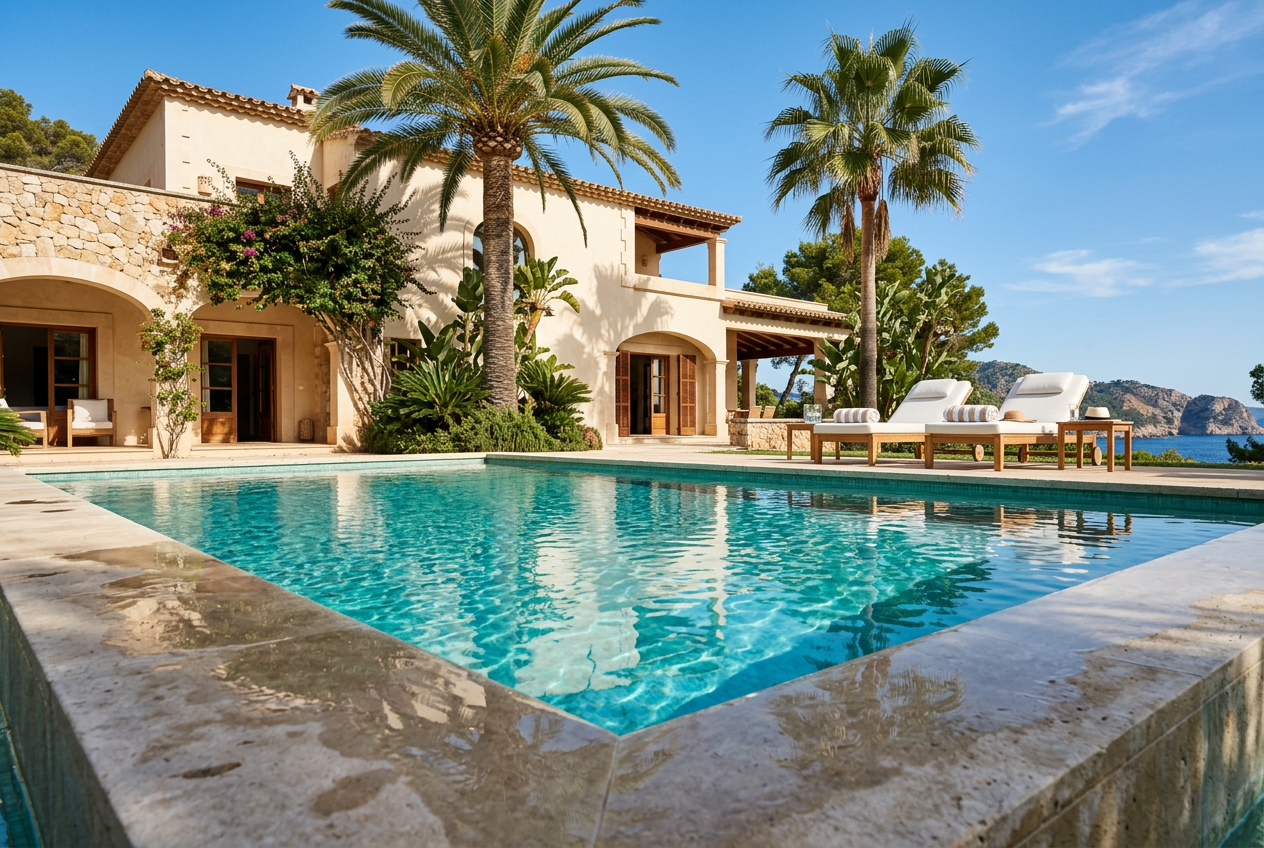 Private pool with warm stone coping and palm shadows