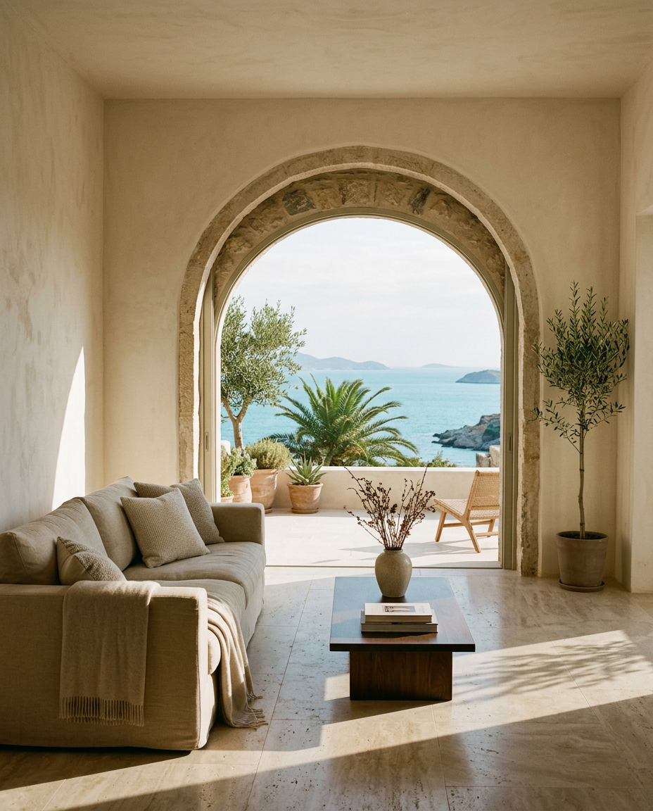 Living room opening onto a terrace with sea views