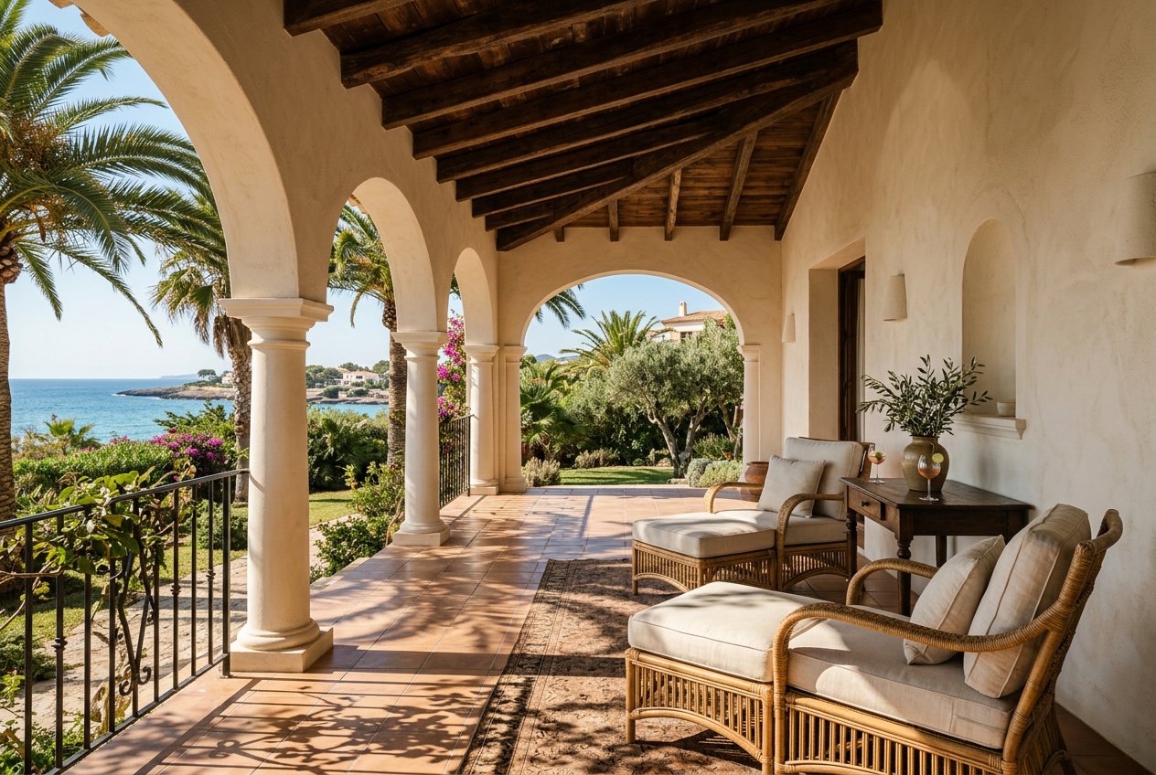 Arched veranda with rattan seating and palm shadows